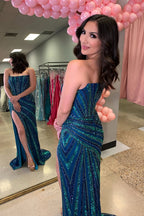 Mermaid Strapless Blue Sequins Long Prom Dresses