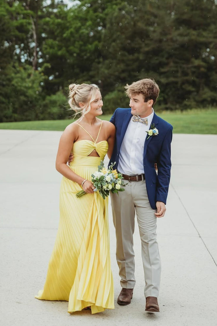 A Line Long Yellow Straps Pleat Satin Prom Dresses