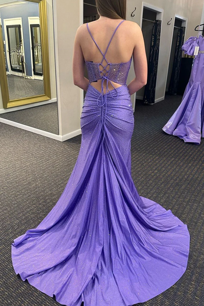 Mermaid V Neck Lavender Beaded Long Prom Dresses,BD93303