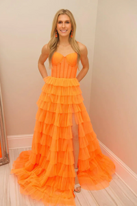 Orange Sweetheart Ruffle Tiered Tulle Long Prom Dresses,BD93340