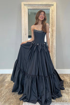 Ball Gown Strapless Black Long Satin Prom Dresses