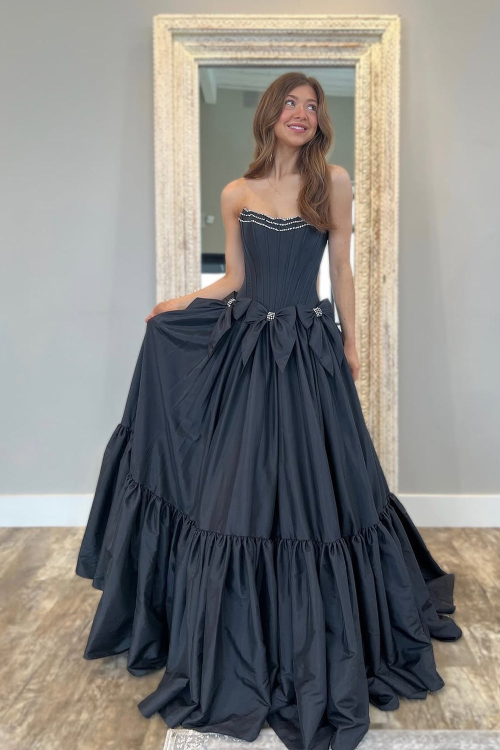 Ball Gown Strapless Black Long Satin Prom Dresses