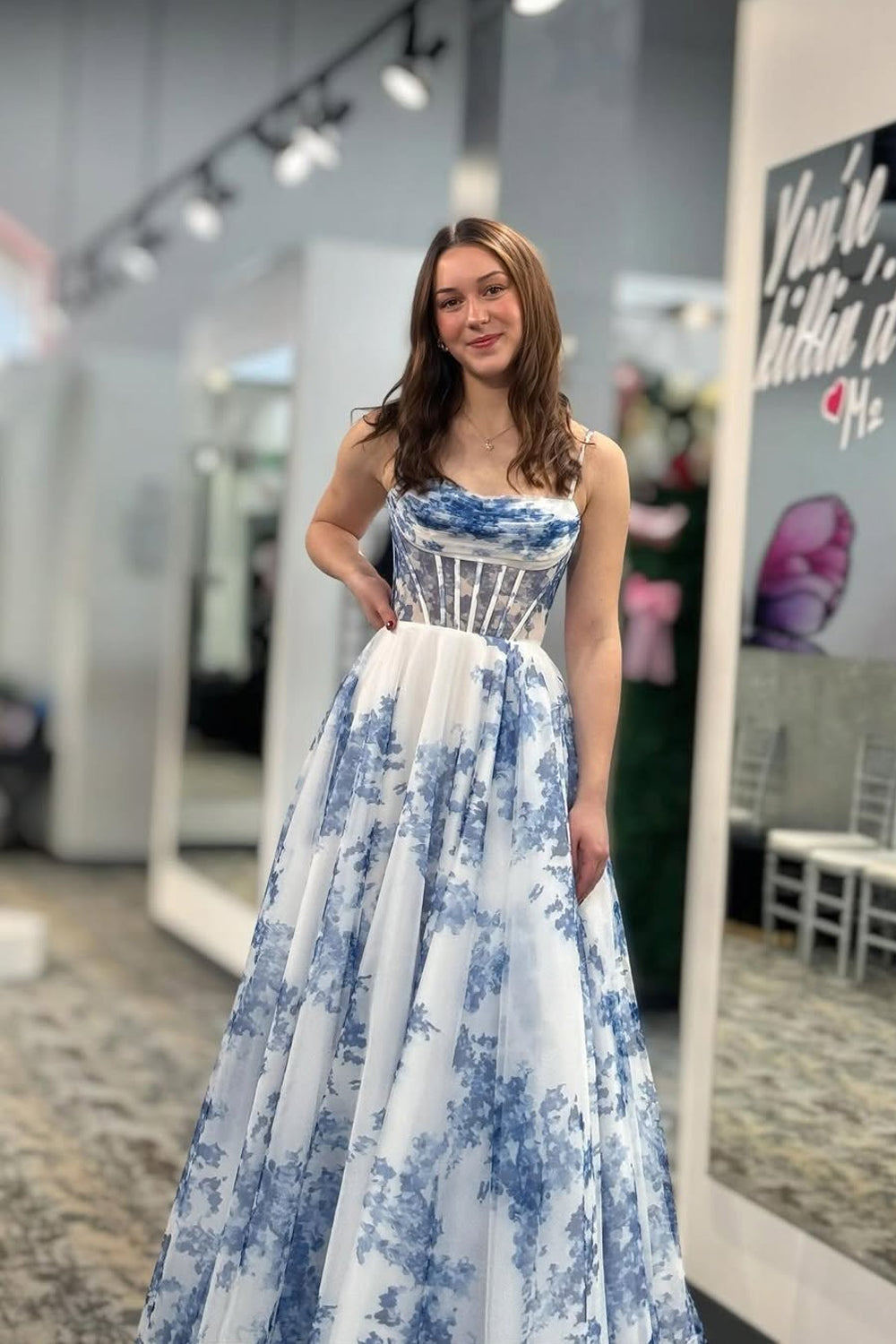 A-Line Scoop Neck Blue Floral Printed Long Prom Dresses – luladress