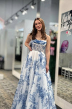 A-Line Scoop Neck Blue Floral Printed Long Prom Dresses