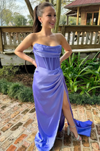 Periwinkle Strapless Pleated Prom Dresses