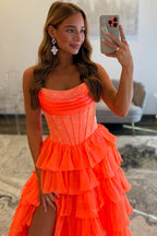 A Line Scoop Neck Orange Chiffon Tiered Prom Dresses