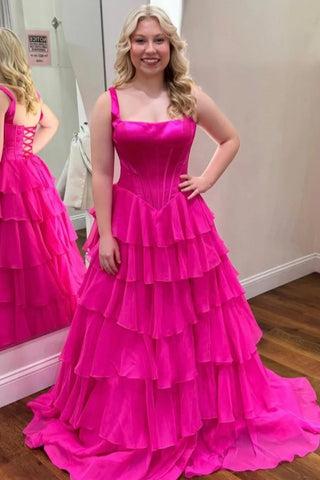 A-Line Square Neck Yellow Ruffle Tiered Chiffon Long Prom Dress