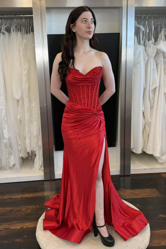 Robes de bal longues en satin rouge sirène chérie