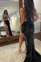 Blush Sequins Mermaid V Neck Prom Dresses