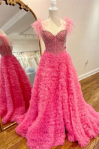Beaded Feather Long Off-the-Shoulder Tiered Prom Dresses