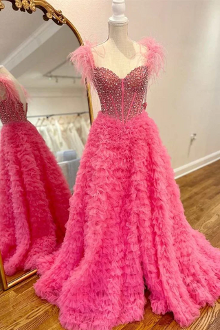 Beaded Feather Long Off-the-Shoulder Tiered Prom Dresses