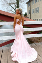 Mermaid V Neck Pink Satin Long Prom Dresses