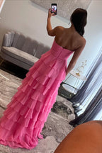 A Line Sweetheart Chiffon Tiered Slit Pink Prom Dresses