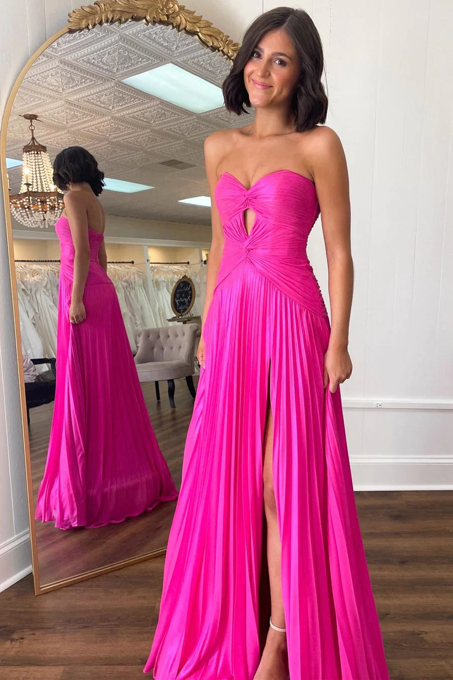 prom dress pink strapless Hot Pink Strapless Keyhole Pleated A-Line Prom Dresses – luladress