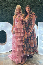 A Line Chiffon Keyhole Hatler Floral Printed Tiered Slit Prom Dresses