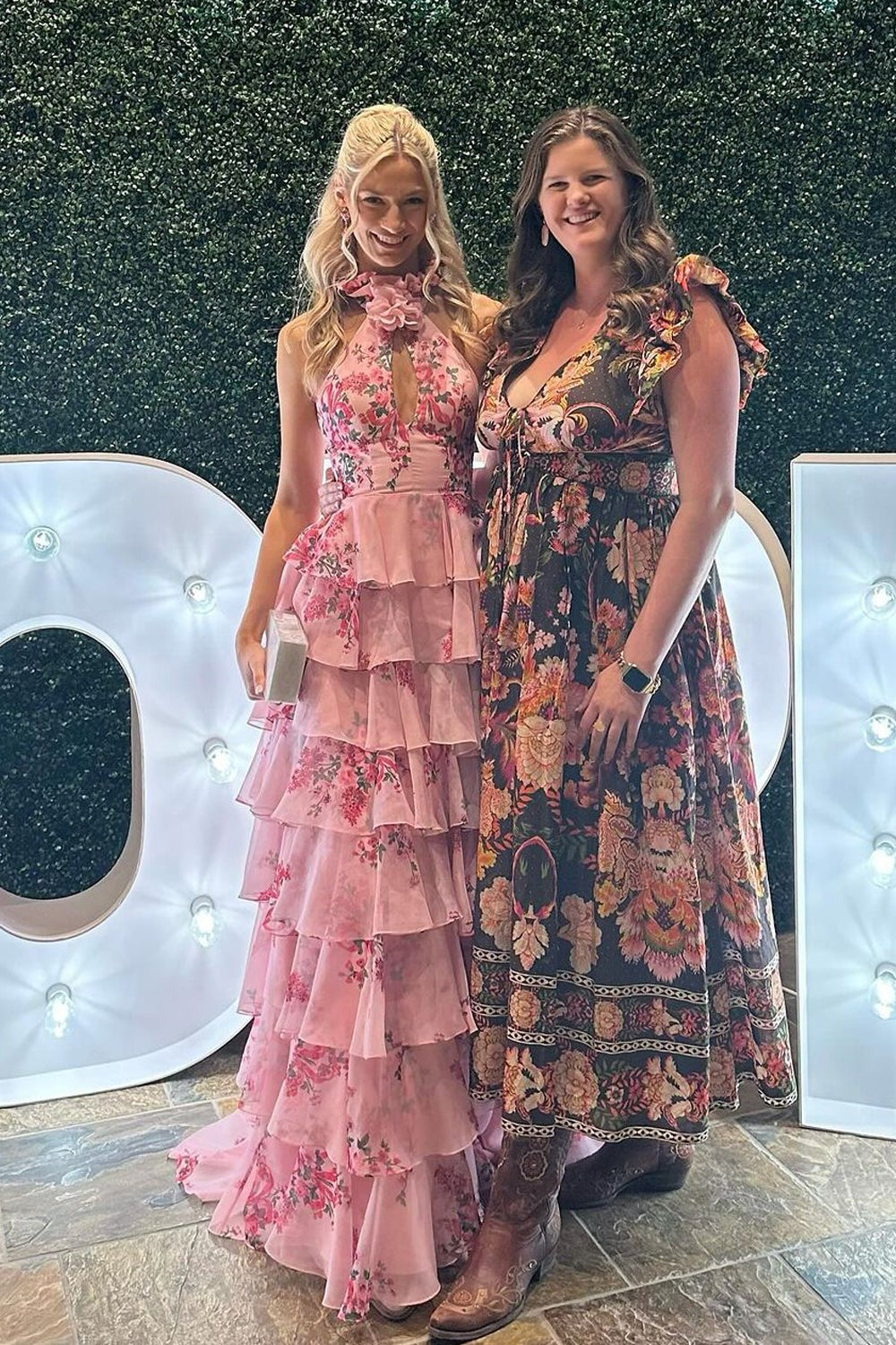 A Line Chiffon Keyhole Hatler Floral Printed Tiered Slit Prom Dresses