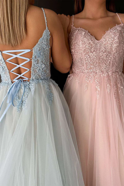 V-Neck Lace-Up Appliques A-Line Tulle Prom Dresses,BD930863