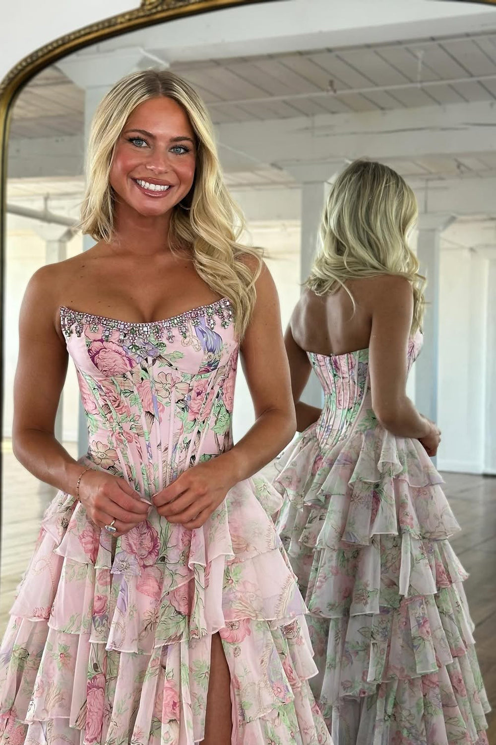 A Line Pink Floral Printed Strapless Corset Ruffle Tiered Long Chiffon Prom Dresses