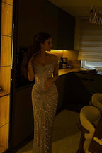 Off-The-Shoulder Mermaid champagne Prom Dresses Column Long With Pleats