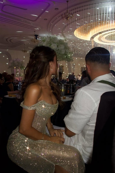 Robes de bal sirène champagne à épaules dénudées longues avec plis