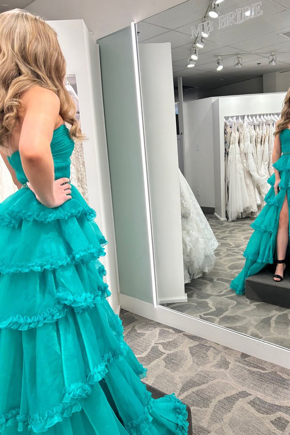 A-Line Strapless Green Ruffle Tiered Long Prom Dresses