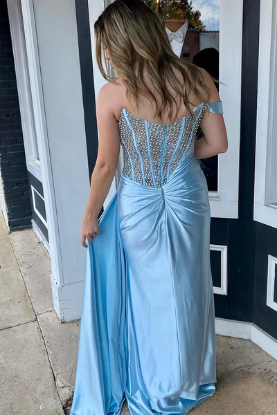 Sparkly Light Blue Beaded Corset One Shoulder Long Satin Prom Dresses,BD93287