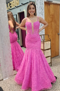 Pink Mermaid Appliques Lace Plunging V Neck Long Prom Dresses,BD93153