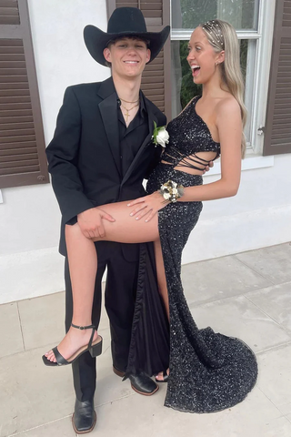 Black Sequin Keyhole One-Shoulder Lace-Up Long Prom Dresses