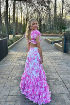 V Neck Pink Floral Printed Long A-Line Chiffon Prom Dresses
