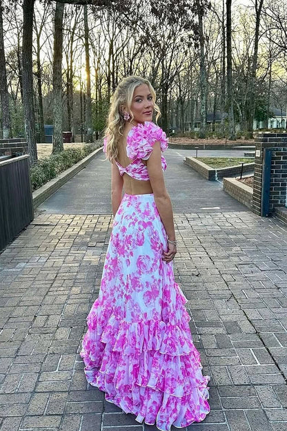 V Neck Pink Floral Printed Long A-Line Chiffon Prom Dresses