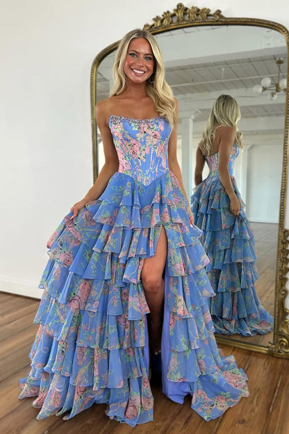 Robe de bal longue en mousseline de soie à volants étagés, bustier sans bretelles et imprimé floral rose A-line