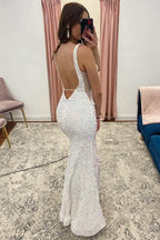 White Long Iridescent Sequin Tassel Backless Prom Dresses