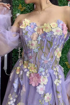 A Line Lavender Tulle V Neck Prom Dresses with Flower Appliques