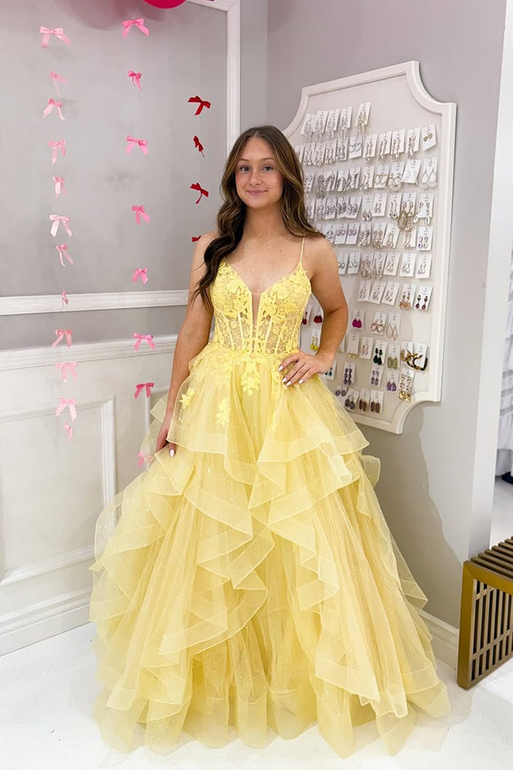 A Line V Neck Yellow Tulle Ruffled Prom Dresses Pic Color / US8 A Line V Neck Yellow Tulle Ruffled Prom Dresses Pic Color / US8