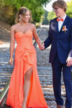 Mermaid Orange Satin Ruffled Sweetheart Prom Dresses