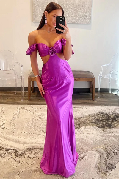 Violet Flutter Sleeve Cutout Mermaid Fitted Prom Dresses,BD93237