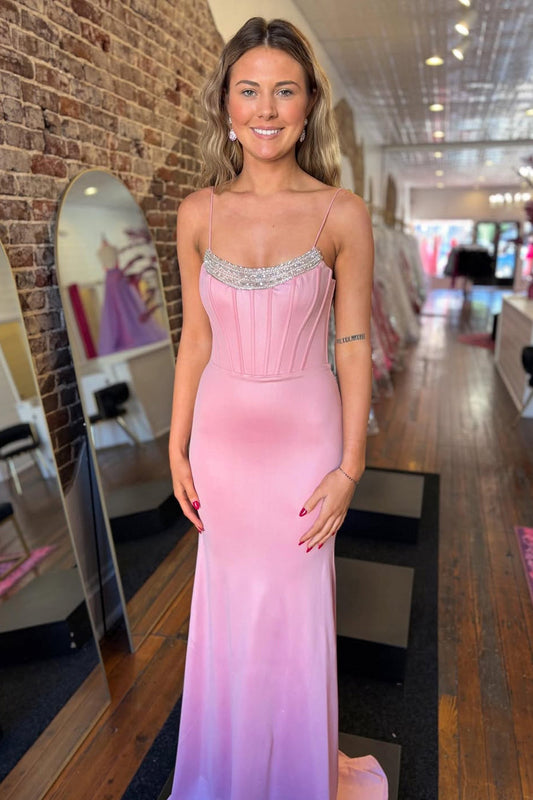 Robes de bal longues en satin rose sirène à encolure dégagée