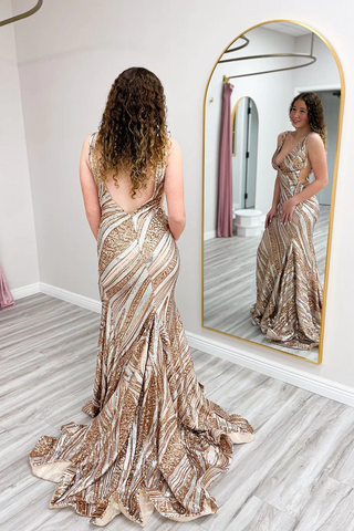 Gold Seqnins Mermaid V Neck Long Prom Dresses