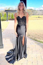 Mermaid Sweetheart Black Long Satin Prom Dresses