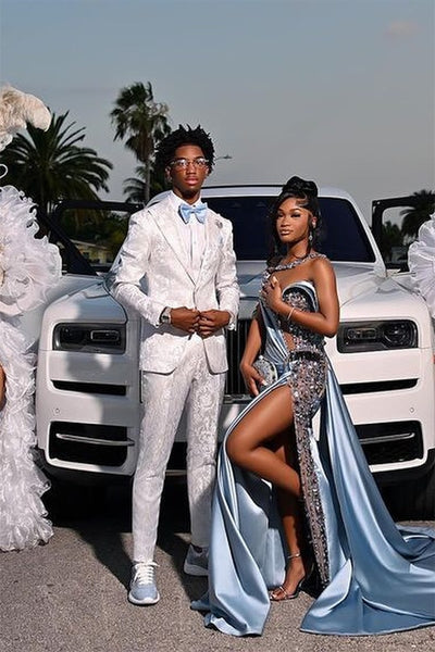 Robes de bal longues sirène bleu poussière asymétriques à fente haute et perles