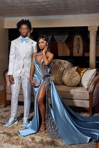 Mermaid Dusty Blue One shoulder High Split Beaded Long Prom Dresses