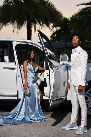Mermaid Dusty Blue One shoulder High Split Beaded Long Prom Dresses