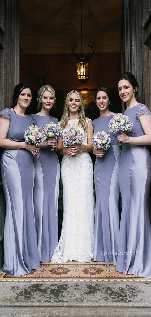 Dusty Blue And Gray Short Sleeves Soft Mermaid Round Neck Long Bridesmaid Dresses