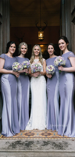 Dusty Blue And Gray Short Sleeves Soft Mermaid Round Neck Long Bridesmaid Dresses,BD930831