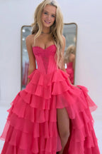 Yellow A-Line Strapless Ruffle Tiered Chiffon Prom Dress
