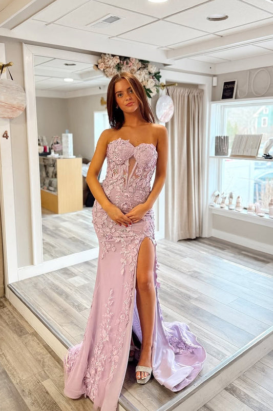 Mermaid Strapless Lilac Lace Long Prom Dresses