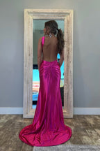 Satin Mermaid Halter Keyhole Fuchsia Long Prom Dresses