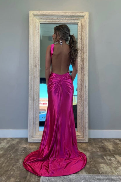Satin Mermaid Halter Keyhole Fuchsia Long Prom Dresses