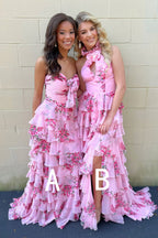 A Line Pink Chiffon Floral Print Satin Long Prom Dresses