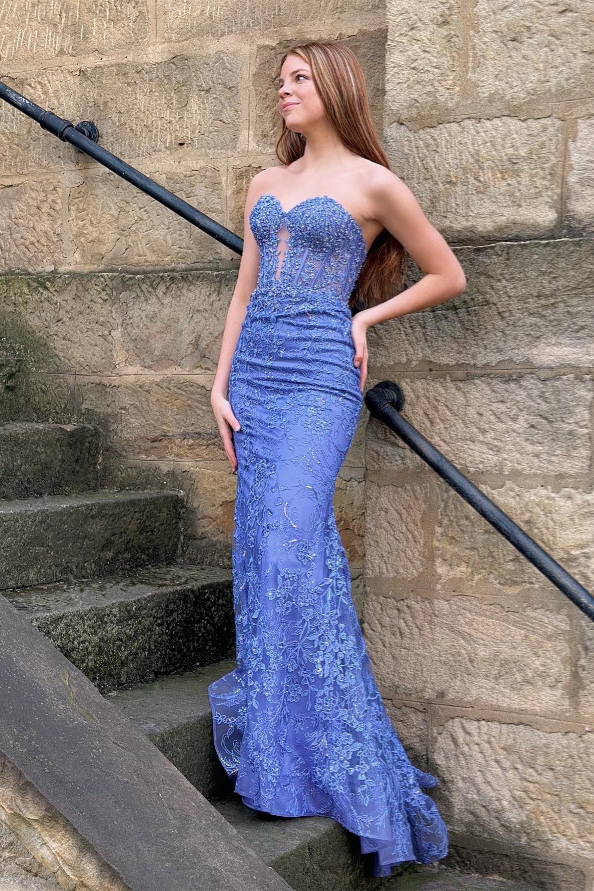 Periwinkle Strapless Floral Mermaid Long Prom Dress,BD930855